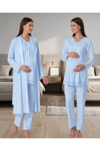 Effortt 4034 Mavi Dantelli Lohusa Pijama Takım Sabahlık
